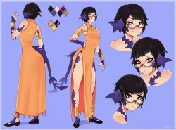 Rule 34 | 1girl, absurdres, arm at side, artist name, au ra, warrior of light (ff14), bare shoulders, black footwear, black hair, blue background, breasts, brown-framed eyewear, character sheet, china dress, chinese clothes, closed mouth, collarbone, color guide, commentary, dragon horns, dragon tail, dress, embarrassed, final fantasy, final fantasy xiv, from behind, glasses, hand on own hip, hand up, highres, horns, looking at viewer, medium breasts, multiple views, orange dress, pout, semi-rimless eyewear, shellvi, shoes, short hair, smile, standing, tail