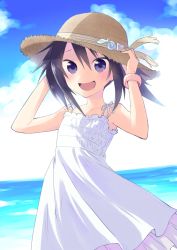 Rule 34 | 10s, 1girl, :d, bare arms, bare shoulders, blush, bracelet, collarbone, day, dress, hair between eyes, hands on headwear, hat, hijiki (hijikini), himouto! umaru-chan, jewelry, long hair, looking at viewer, motoba kirie, ocean, open mouth, outdoors, ponytail, purple eyes, purple hair, sleeveless, sleeveless dress, smile, solo, straw hat, sun hat, sundress, water, white dress