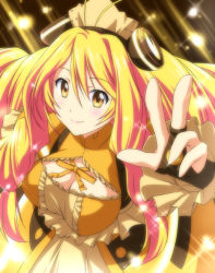 Rule 34 | 1girl, antenna hair, blonde hair, blush, breasts, bridal gauntlets, cleavage cutout, clothing cutout, dress, female focus, headdress, long hair, looking at viewer, nori tamago, smile, solo, sparkle, twintails, upper body, vividred operation, vividyellow, yellow eyes