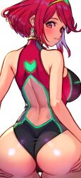 Rule 34 | 1girl, ass, ass focus, bare shoulders, black one-piece swimsuit, blush, breasts, earrings, gem, headpiece, highres, huge ass, jewelry, large breasts, looking at viewer, looking back, one-piece swimsuit, pyra (pro swimmer) (xenoblade), pyra (xenoblade), r123, red eyes, red hair, red one-piece swimsuit, short hair, smile, solo, swept bangs, swimsuit, tiara, two-tone swimsuit, wedgie, wide hips, xenoblade chronicles (series), xenoblade chronicles 2