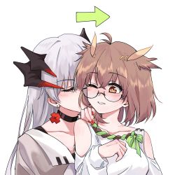 Rule 34 | 2girls, arknights, arrow (symbol), bare shoulders, black-framed eyewear, black choker, black shirt, blush, brown eyes, brown hair, choker, closed eyes, clothing cutout, collarbone, glasses, grey hair, hair between eyes, hand on another&#039;s shoulder, hand up, highres, jacket, long hair, multiple girls, nail polish, one eye closed, open clothes, open jacket, parted lips, red nails, rotem (25rot), saria (arknights), semi-rimless eyewear, shirt, shoulder cutout, silence (arknights), simple background, under-rim eyewear, white background, white jacket, white shirt, yuri