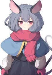 Rule 34 | 1girl, :|, animal ears, arms at sides, black dress, blue capelet, blush, capelet, closed mouth, cowboy shot, crystal, dress, expressionless, fringe trim, garasuno, grey hair, highres, holding, jewelry, long sleeves, mittens, mouse ears, mouse girl, mouse tail, nazrin, pendant, red eyes, red mittens, red scarf, revision, scarf, sideways glance, simple background, solo, tail, touhou, white background, white sleeves