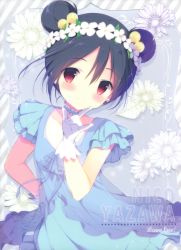 Rule 34 | 10s, 1girl, \m/, absurdres, alternate hairstyle, black hair, blue dress, character name, choker, closed mouth, collarbone, copyright name, diagonal stripes, double bun, dress, earrings, floral background, frilled choker, frills, gloves, hair between eyes, hand on own hip, head wreath, highres, jewelry, looking at viewer, love live!, love live! school idol project, pearl earrings, red eyes, scan, shiratama (shiratamaco), short hair, smile, solo, striped, white gloves, yazawa nico, yume no tobira