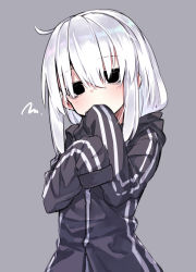 Rule 34 | 1girl, black eyes, black jacket, blush, commentary request, covered mouth, darnell, empty eyes, grey background, hair between eyes, head tilt, highres, jacket, long hair, looking at viewer, original, silver hair, simple background, solo, squiggle, track jacket, upper body
