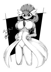 Rule 34 | 1girl, absurdres, artist name, blush, bob cut, breasts, closed mouth, covered erect nipples, cowboy shot, creatures (company), dated, female focus, game freak, gardevoir, gen 3 pokemon, greyscale, groin, haembokeyo, hair between eyes, highres, large breasts, looking down, monochrome, navel, nintendo, no pussy, nose blush, pokemon, pokemon (creature), short hair, signature, simple background, solo, split mouth, standing, two-tone background