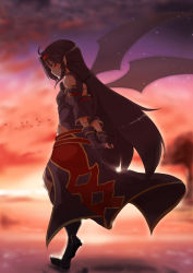 Rule 34 | 10s, 1girl, black hair, cloud, commentary request, detached sleeves, fingerless gloves, fuu (fuore), gloves, hairband, long hair, looking at viewer, pointy ears, red eyes, sky, smile, solo, sunset, sword art online, very long hair, wings, yuuki (sao)