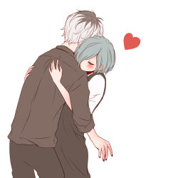 Rule 34 | 1boy, 1girl, apron, bad id, bad pixiv id, black apron, black hair, black legwear, black nails, black shirt, blue hair, blush, closed eyes, commentary request, from behind, hair over one eye, hands on another&#039;s back, heart, kaneki ken, kirishima touka, multicolored hair, nail polish, no mouth, sasaki haise, shirt, short hair, simple background, tokyo ghoul, toukaairab, two-tone hair, white background, white hair