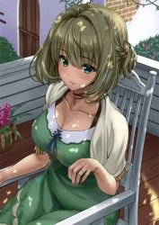 Rule 34 | 1girl, alternate breast size, blue eyes, bra strap, breasts, chair, cleavage, commentary request, dress, green dress, green eyes, green hair, heterochromia, idolmaster, idolmaster cinderella girls, jewelry, large breasts, looking at viewer, mole, mole under eye, necklace, ring, sengoku aky, short hair, sitting, solo, takagaki kaede