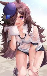 Rule 34 | 1girl, alternate costume, animal ears, black hair, breasts, buruma, cleavage, commentary request, hat, highres, horse ears, horse girl, horse tail, looking at viewer, medium breasts, open mouth, purple eyes, rice shower (umamusume), see-through, solo, tabunshake, tail, thighs, towel, umamusume, wet, white background