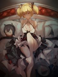 Rule 34 | absurdres, animal ear fluff, animal ears, arknights, arm behind back, barefoot, bed, black capelet, black panties, blonde hair, bow, breasts, capelet, cleavage, clothes pull, cup, detached collar, dress bow, dress pull, drinking glass, eyyy, feet, food, fox ears, head tilt, highres, huge filesize, id card, jacket, looking at viewer, no bra, panties, pie, pillow, plate, pulling own clothes, short hair, sitting, sora (arknights), spill, tail, texas (arknights), thighs, toes up, twintails, underwear, unworn panties, white jacket, wine glass, wolf ears, wolf tail