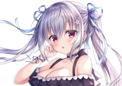Rule 34 | 1girl, bare shoulders, black choker, black dress, blue ribbon, braid, breasts, choker, cleavage, collarbone, commentary request, dress, fang, flower, frilled choker, frills, hair between eyes, hair flower, hair ornament, hair ribbon, hand up, long hair, medium breasts, mitsuba choco, nail polish, off-shoulder dress, off shoulder, original, parted lips, pink flower, pink nails, red eyes, ribbon, silver hair, simple background, solo, twintails, upper body, very long hair, white background, white flower