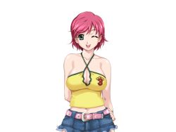 Rule 34 | 00s, 1girl, bare shoulders, belt, breasts, cleavage, game cg, green eyes, happoubi jin, iihara nao, large breasts, legs, looking at viewer, navel, one eye closed, open mouth, pink hair, resort boin, short hair, simple background, skirt, smile, solo, standing, thighs, white background, wink