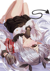Rule 34 | 1girl, absurdres, armband, bare legs, barefoot, bed sheet, black gloves, black necktie, black ribbon, black skirt, blue archive, blush, breasts, cleavage, closed mouth, commentary request, demon tail, gloves, hair over one eye, hair ribbon, hand in own hair, hand on own chest, high-waist skirt, highres, iori (blue archive), knees up, koisuke, long hair, long sleeves, looking at viewer, lying, medium breasts, necktie, on back, on bed, pleated skirt, pointy ears, red eyes, ribbon, school uniform, shirt, silver hair, simple background, skirt, smile, solo, tail, thighs, twintails, upside-down, very long hair, white background, white shirt