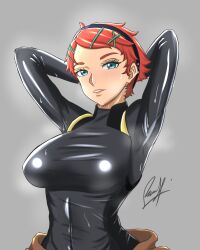 Rule 34 | 1girl, absurdres, armpits, arms up, bayydr, black bodysuit, blue eyes, bodysuit, breasts, elnora samaya, eyelashes, grey background, gundam, gundam suisei no majo, hair ornament, hairband, hairclip, highres, large breasts, lips, looking at viewer, mature female, parted bangs, parted lips, pilot suit, red hair, short hair, signature, steam, sweat, upper body
