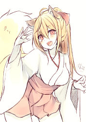 Rule 34 | 1girl, :d, animal ear fluff, animal ears, blonde hair, blush, breasts, chita (ketchup), cleavage, collarbone, fox ears, fox girl, fox tail, hair between eyes, hand up, head tilt, high ponytail, japanese clothes, kimono, leaning forward, long hair, medium breasts, open mouth, original, pleated skirt, ponytail, red eyes, red skirt, short eyebrows, signature, skirt, smile, solo, tail, tail raised, thick eyebrows, very long hair, white kimono