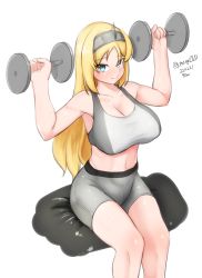 Rule 34 | 1girl, absurdres, bike shorts, blonde hair, blue eyes, breasts, dated, dumbbell, exercising, grey shorts, hairband, headgear, highres, kantai collection, large breasts, maru (marg0613), midriff, nelson (kancolle), one-hour drawing challenge, shorts, simple background, sitting, solo, sports bra, twitter username, weightlifting, white background