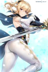 Rule 34 | 1girl, arched back, ass, bare shoulders, belt, blonde hair, blue eyes, breasts, capelet, detached sleeves, gauntlets, genshin impact, gold trim, holding, holding sword, holding weapon, jean (genshin impact), long hair, long sleeves, looking at viewer, medium breasts, pants, parted lips, ponytail, rei kun, solo, sword, tailcoat, weapon, white pants