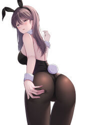Rule 34 | 1girl, absurdres, animal ears, ass, bang dream!, bang dream! it&#039;s mygo!!!!!, bare shoulders, black hairband, black leotard, breasts, brown hair, brown pantyhose, commentary request, cowboy shot, detached collar, fake animal ears, fake tail, fingernails, from behind, hair between eyes, hairband, half-closed eyes, hand on own ass, hand up, highres, leotard, long hair, looking at viewer, looking back, medium breasts, mole, mole under eye, pantyhose, parted lips, playboy bunny, ptal, purple eyes, rabbit ears, rabbit tail, scowl, shiina taki, simple background, solo, standing, strapless, strapless leotard, tail, v-shaped eyebrows, white background, wrist cuffs