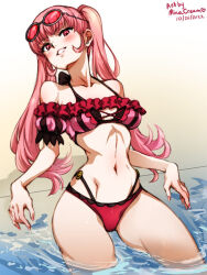 Rule 34 | 1girl, bikini, blush, breasts, eyewear on head, fire emblem, fire emblem: three houses, hilda valentine goneril, large breasts, long hair, looking at viewer, mina cream, navel, nintendo, official alternate costume, open mouth, outdoors, partially submerged, pink bikini, pink eyes, pink hair, smile, solo, sunglasses, swimsuit, thighs, twintails, water, wet