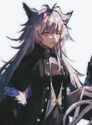 Rule 34 | 1girl, animal ears, anpoai, antenna hair, arknights, black coat, black dress, blood, blood on face, coat, dress, fangs, grey eyes, grey hair, highres, holding, holding sword, holding weapon, lappland (arknights), lappland (refined horrormare) (arknights), long hair, looking at viewer, official alternate costume, open clothes, open coat, open mouth, simple background, solo, sword, upper body, weapon, white background, wolf ears, wolf girl