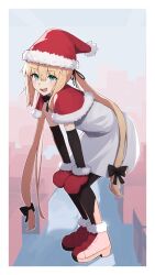 Rule 34 | 1girl, artoria caster (fate), artoria pendragon (fate), blonde hair, capelet, dress, fate/grand order, fate (series), green eyes, hands on own knees, hat, highres, long hair, low-tied long hair, mittens, red capelet, red mittens, santa hat, thhx4342, twintails, white dress