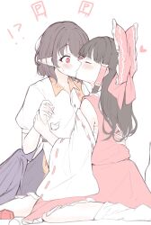 Rule 34 | !?, 2girls, bare shoulders, black hair, blush, bow, brown hair, chilwell seele, closed eyes, collared shirt, cup, detached sleeves, flat color, hair bow, hair tubes, hakurei reimu, heart, highres, holding another&#039;s wrist, kiss, long hair, medium hair, multiple girls, pale color, pointy ears, power item (touhou), red bow, red eyes, red ribbon, red skirt, red vest, ribbon, ribbon-trimmed sleeves, ribbon trim, shameimaru aya, shirt, short sleeves, sidelocks, simple background, sitting, skirt, touhou, vest, white background, white shirt, white sleeves, yuri