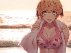 Rule 34 | 1girl, beach, bikini, blonde hair, breasts, commentary request, fate/grand order, fate (series), female focus, food print, gareth (fate), gareth (swimsuit saber) (fate), gareth (swimsuit saber) (second ascension) (fate), green eyes, highres, looking at viewer, medium breasts, murasame shia, ocean, outdoors, pink bikini, short hair, signature, solo, strawberry print, sunset, swimsuit, towel, towel around neck, upper body, wet