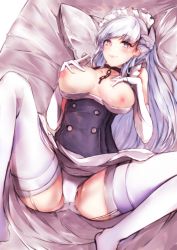 Rule 34 | 1girl, apron, ass, azur lane, bed, belfast (azur lane), blue eyes, blush, braid, breasts, breasts out, chain, closed mouth, collar, collarbone, corset, dress, elbow gloves, french braid, frills, garter straps, gloves, hands on own chest, highres, large breasts, long hair, looking at viewer, lying, maid, maid headdress, nipples, no shoes, on back, on bed, otsunabe (naabe delta), panties, pillow, shiny skin, silver hair, smile, solo, spread legs, sweat, thighhighs, thighs, underwear, white gloves, white thighhighs