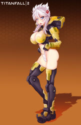Rule 34 | 1girl, anger vein, armor, ass, blue eyes, breasts, cleavage, frontal wedgie, full body, highres, large breasts, legion (titanfall 2), lifted by self, mecha musume, mechanical arms, navel, panties, panty pull, personification, single mechanical arm, standing, stomach, thighhighs, titanfall, titanfall (series), titanfall 2, underwear, wedgie, white hair