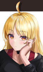 Rule 34 | 1girl, :t, absurdres, ahoge, black shirt, blonde hair, bocchi the rock!, brown eyes, closed mouth, collar, collarbone, commentary request, head rest, highres, ijichi seika, long hair, long sleeves, looking at viewer, otabaaa, portrait, pout, red eyes, shadow, shirt, solo, straight hair