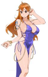 Rule 34 | 1girl, absurdres, alternate costume, arm tattoo, ass, bracelet, breasts, brown eyes, closed mouth, dress, earrings, highres, jewelry, joy boy, large breasts, long hair, nami (one piece), nami (one piece) (post-timeskip), nami (one piece) (zou), no panties, official alternate costume, one piece, orange hair, purple dress, revealing clothes, shiny skin, short dress, shoulder tattoo, sideless outfit, simple background, solo, tattoo, thighs, very long hair, white background, wide hips