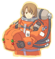 Rule 34 | brown hair, helmet, nono (planetes), planetes, short hair, simple background, solo, spacesuit, tanaka (cow), white background, yellow eyes