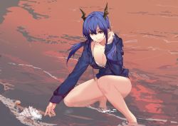 Rule 34 | 1girl, adjusting hair, arknights, bare shoulders, bikini, blue hair, blue sweater, breasts, ch&#039;en (arknights), cleavage, closed mouth, df4d/dongfeng 4d, dragon horns, female focus, hair between eyes, highres, horns, large breasts, low tied hair, partially submerged, seashell, shell, solo, squatting, sunset, sweater, swimsuit, water, waves, white bikini