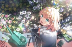 Rule 34 | :d, aqua eyes, black jacket, black pants, black track suit, crossed bangs, dappled sunlight, dirty, dirty face, flower, flower bed, flower pot, from above, game cg, hair ornament, highres, hinoshita kaho, holding, holding flower, jacket, lens flare, link! like! love live!, looking at viewer, looking back, love live!, medium hair, official art, open mouth, orange hair, pants, pink flower, planting, purple flower, rabbit hair ornament, rake, scissors, shadow, shovel, smile, squatting, sunlight, teeth, third-party source, track jacket, track pants, two side up, upper teeth only, virtual youtuber, watering can, white flower, white footwear, yellow flower