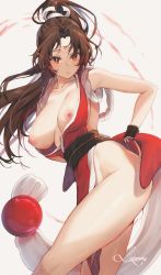 Rule 34 | 1girl, artist name, bare legs, blush, breasts, breasts out, brown hair, commentary, english commentary, fatal fury, feet out of frame, glint, hair tie, half updo, highres, large areolae, large breasts, legs, liremi, long hair, looking at viewer, ninja, nipples, no panties, obi, obijime, parted bangs, parted lips, pelvic curtain, ponytail, red eyes, revealing clothes, rope, sash, shiranui mai, signature, sleeveless, snk, solo, standing, the king of fighters, thighs, wrist guards