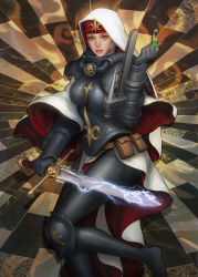 Rule 34 | 1girl, absurdres, adepta sororitas, arm blade, armor, boobplate, breastplate, breasts, chainsword, cloak, commentary, drill, electricity, english commentary, grey eyes, habit, highres, holding, holding sword, holding syringe, holding weapon, looking at viewer, medium breasts, orders hospitaller, pelvic curtain, power armor, power sword, realistic, shirt, short hair, short sword, solo, sword, syringe, warhammer 40k, weapon, white cloak, yangzheyy