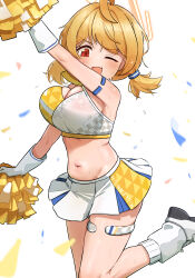 Rule 34 | 1girl, :d, absurdres, ahoge, arm up, blonde hair, blue archive, blush, breasts, cheerleader, cleavage, commentary, confetti, crop top, fang, gloves, halo, highres, holding, holding pom poms, kotori (blue archive), kotori (cheer squad) (blue archive), large breasts, leg up, looking at viewer, millennium cheerleader outfit (blue archive), miniskirt, navel, official alternate costume, one eye closed, open mouth, patanda, pleated skirt, pom pom (cheerleading), pom poms, red eyes, shoes, short hair, short twintails, simple background, skin fang, skirt, smile, sneakers, socks, solo, standing, standing on one leg, stomach, sweat, thigh strap, twintails, white background, white footwear, white gloves, white skirt, white socks