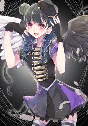 Rule 34 | 1girl, alternate hairstyle, artist name, artist request, asymmetrical wings, band uniform, belt, black background, black feathers, black gloves, black hat, black legwear, black shirt, black skirt, black wings, blue hair, blush, braid, breasts, collared shirt, epaulettes, feathers, female focus, fingerless gloves, frilled sleeves, frills, gloves, hair bun, hair over shoulder, hat, highres, in the unstabe world, in the unstabe world (love live!), long hair, looking at viewer, love live!, love live! school idol festival, love live! sunshine!!, mini hat, miniskirt, mismatched wings, parted lips, pink eyes, plaid, plaid skirt, pleated, pleated skirt, purple eyes, purple skirt, shirt, short sleeves, shoulder pads, side bun, single hair bun, skirt, small breasts, smile, solo, sparkle, striped legwear, tsushima yoshiko, twin braids, twintails, white belt, white feathers, white legwear, white wings, wings
