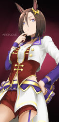 Rule 34 | 1girl, air groove (umamusume), animal ears, blue eyes, bow, breasts, brown hair, character name, choker, closed mouth, cropped jacket, ear bow, hair between eyes, hand on own hip, highres, horse ears, jacket, long sleeves, medium breasts, navel, open clothes, open jacket, parted bangs, purple choker, red shorts, shirt, short hair, short shorts, shorts, smile, solo, starting future (umamusume), tea (nakenashi), umamusume, white jacket, white shirt, yellow bow