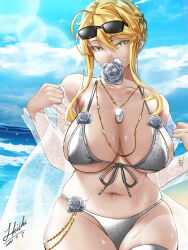 Rule 34 | 1girl, artoria pendragon (all), artoria pendragon (fate), artoria pendragon (swimsuit ruler) (fate), artoria pendragon (swimsuit ruler) (second ascension) (fate), beach, bikini, blonde hair, breasts, fate/grand order, fate (series), flower, highres, jewelry, large breasts, looking at viewer, outdoors, rose, shiki (love-saber), solo, sunglasses, swimsuit, tagme