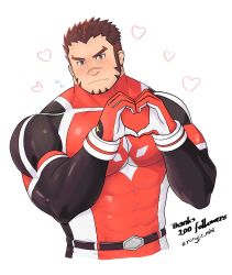 Rule 34 | 1boy, akashi (live a hero), alt text, bara, blush, bodysuit, cropped legs, facial hair, goatee, gradient hair, heart, heart hands, highres, large pectorals, live a hero, long sideburns, looking at viewer, male focus, mature male, milestone celebration, multicolored hair, muscular, muscular male, pectorals, red bodysuit, red eyes, red hair, rongjie, scar, scar on face, scar on nose, short hair, sideburns, skin tight, solo, thick eyebrows