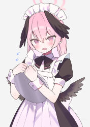 Rule 34 | 1girl, alternate costume, apron, black bow, black bowtie, black wings, blue archive, blush, bow, bowtie, embarrassed, enmaided, feathered wings, frilled apron, frills, hair between eyes, halo, head wings, highres, holding, holding tray, koharu (blue archive), long hair, looking at viewer, low wings, maid, maid apron, maid headdress, pink eyes, pink hair, puffy short sleeves, puffy sleeves, short sleeves, sidelocks, simple background, solo, tray, twintails, wavy mouth, white background, white headwear, wings, wrist cuffs, zenshin