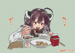 Rule 34 | 1girl, :d, ahoge, blush, bowl, brown eyes, brown hair, chair, chopsticks, dated, food, food request, green background, hair between eyes, headgear, holding, holding chopsticks, japanese clothes, kimono, lamb (hitsujiniku), long sleeves, on chair, open mouth, rice, rice bowl, simple background, sitting, smile, solo, table, teeth, touhoku kiritan, translation request, twintails, upper body, upper teeth only, voiceroid, white kimono, wide sleeves