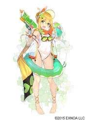 Rule 34 | 1girl, :d, ball, barefoot, beachball, blonde hair, covered navel, dreamlight2000, flat chest, flower, flower knight girl, full body, goggles, goggles around neck, green eyes, hair bun, holding, holding ball, holding beachball, holding water gun, innertube, jacket, katabami (flower knight girl), long sleeves, looking at viewer, official art, one-piece swimsuit, open mouth, orange scarf, pigeon-toed, scarf, see-through, see-through jacket, single hair bun, smile, solo, standing, swim ring, swimsuit, tachi-e, visor cap, water gun, white background, white one-piece swimsuit