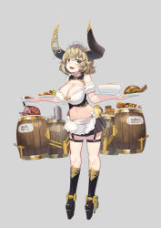 Rule 34 | 1girl, :d, apron, armband, bare legs, bare shoulders, barrel, black footwear, black skirt, blonde hair, boots, breasts, cleavage, commentary request, crop top, curled horns, detached collar, fang, food, frilled armband, frills, full body, green eyes, grey background, heterochromia, highres, holding, holding tray, horns, knee boots, large breasts, looking at viewer, maid, maid apron, maid headdress, midriff, miniskirt, narrow waist, natori youkai, navel, off shoulder, open mouth, original, plate, platform footwear, pleated skirt, puffy short sleeves, puffy sleeves, short hair, short sleeves, simple background, skirt, smile, solo, steak, stomach, tray, turkey (bird), waist apron, yellow eyes