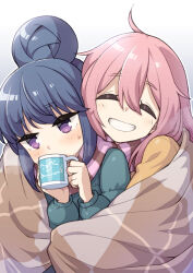 Rule 34 | 2girls, ahoge, blue hair, blush, closed eyes, cup, facing viewer, green jacket, grin, hair between eyes, hair bun, heebee, holding, holding cup, jacket, kagamihara nadeshiko, long hair, long sleeves, multiple girls, pink hair, purple eyes, scarf, shared clothes, shared scarf, shima rin, simple background, smile, white background, yurucamp