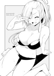 Rule 34 | 1girl, :d, ^ ^, arm support, barefoot, bikini, breasts, closed eyes, commentary request, dated, closed eyes, grey background, greyscale, highres, kichihachi, large breasts, long hair, monochrome, navel, open mouth, original, ponytail, smile, solo, sweat, swimsuit, twitter username, two-tone background, v, white background