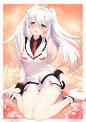 Rule 34 | 10s, 1girl, :d, absurdres, ahoge, ankle boots, blush, boots, detached sleeves, employee uniform, highres, isla (plastic memories), long hair, m-da s-tarou, necktie, open mouth, plastic memories, red eyes, silver hair, sitting, skirt, sleeveless, smile, solo, thighs, twintails, uniform, wariza, white footwear