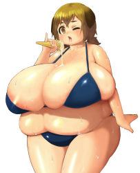 Rule 34 | 1girl, breasts, brown eyes, brown hair, fat, food, gigantic breasts, ice cream, mousoucata, obese, thick thighs, thighs