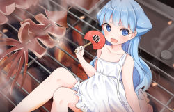 Rule 34 | 1girl, :o, ahoge, atsuki (pink0930cat), bare arms, bare legs, blue eyes, blue hair, blush, collarbone, dress, fire, fish (food), grill, grilled fish, hand fan, highres, holding, holding fan, knees up, long hair, looking to the side, open mouth, original, sitting, skewer, solo, squid, strap slip, sweat, tentacle hair, thick eyebrows, virtual youtuber